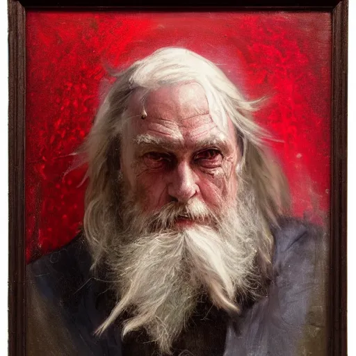 Image similar to Solomon Joseph Solomon and Richard Schmid and Jeremy Lipking victorian genre painting portrait painting of a old rugged dragon character in fantasy costume, red background