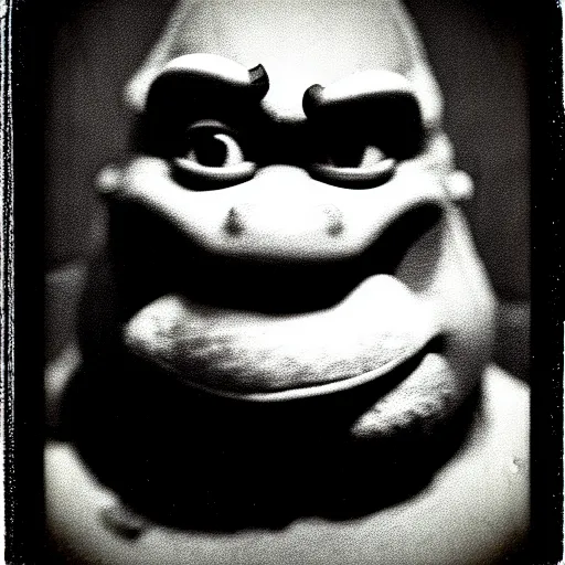 Prompt: horrifying old polaroid of monster shrek staring from the depths of the dark gloomy forest, photo by beksinsky, carpenter, creepy pasta, photorealistic, grainy, found footage, old film, low quality, horror, creepy, unsettling, terrifying