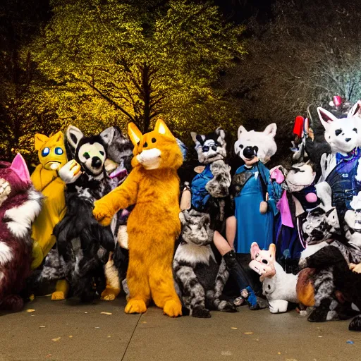 Image similar to photograph of a group or fursuiters at a furry convention in the city park at night, studio photography, f/1.8 cinematic lens