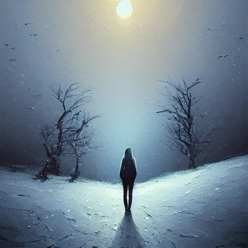 Prompt: a painting of a person standing in the snow, a surrealist painting by alena aenami, deviantart, nuclear art, dystopian art, apocalypse landscape, surrealist