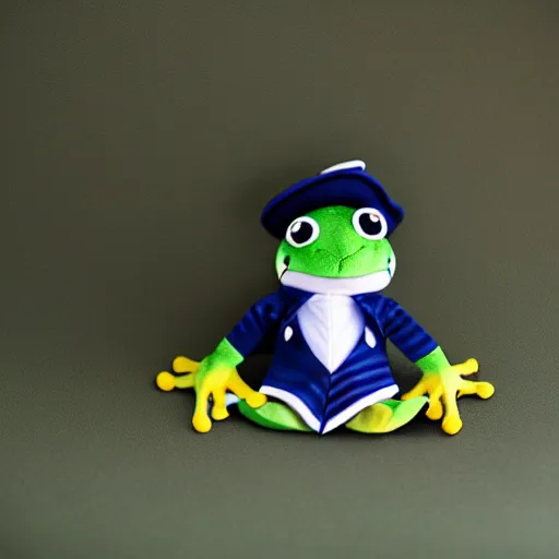 Image similar to frog wearing a sailor suit, plushie photography,