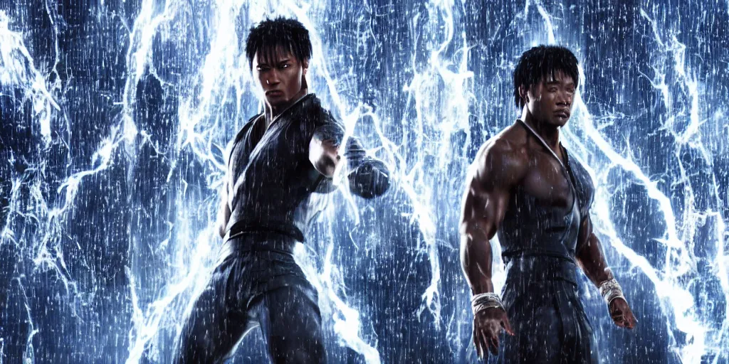Image similar to a film still of a black man starring in a japanese blockbuster film as jin kazama from tekken, shallow depth of field, cinematic, award winning cgi, vfx, film still