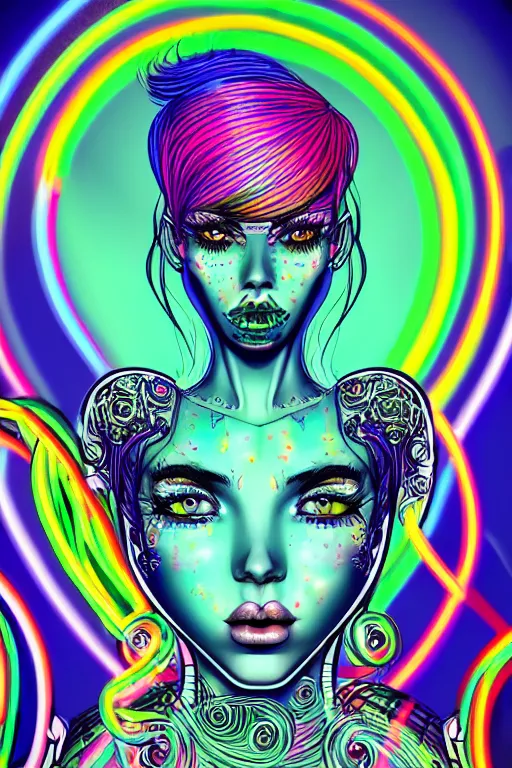 Image similar to a award winning portrait of a beautiful woman with stunning eyes in a one off shoulder croptop and cargo pants with rainbow colored hair, outlined by whirling illuminated neon lines and fine lines swirling in circles by joe fenton, digital art, trending on artstation