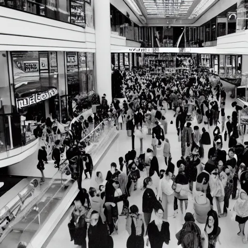 Prompt: A photograph of people in a mall, circa 1993