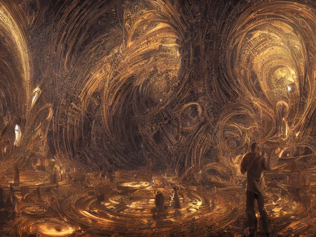 Image similar to an incredible masterpiece of a mystical dj playing a vast array of highly evolved and complex musical technology surrounded by an incredible and complex spiral fractal structure in a intricate cathedral, by karol bak, octane render, 8 k