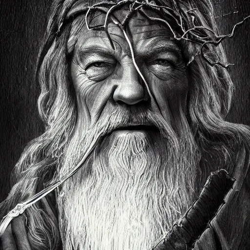 Image similar to the evil ian mckellen smithing on an anvil as gandalf in a dark viking hood playing odin all father crafting the plant of life with vines sprouting from the anvil, highly detailed, cinematic shot, cinematic lighting, 8 k, exquisit facial detail, magical realism painting, chiaroscuro, dark painting.