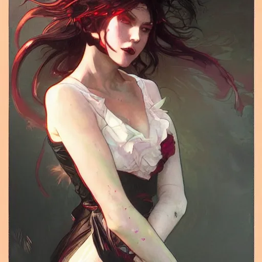 Image similar to digital character concept art by artgerm and greg rutkowski and alphonse mucha. clear portrait of vampire girl, blood dripping, light effect. hyper detailed, glowing lights!! intricate, elegant, digital painting, artstation, smooth, sharp focus