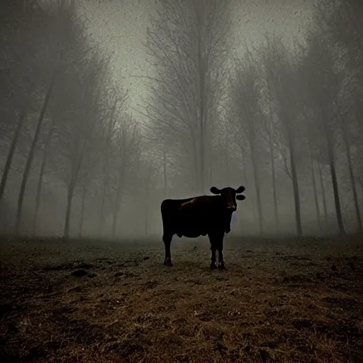 Image similar to low quality photograph of a cow looking at the camera at night, dark, creepy mood, dark forest, low lighting