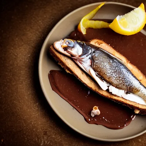 Prompt: toast with nutella and a fish head, food photography, 5 0 mm f / 1. 6, bokeh, sigma lens, elegant