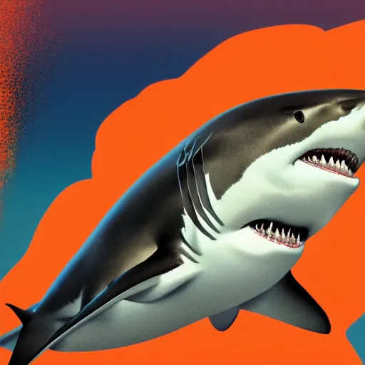 Image similar to great white shark, side view, with an orange traffic cone on its dorsal fin - ron cheng & alphonse mucha, highly detailed, digital painting, ray tracing, concept art, illustration, smooth sharp focus, intricate, symmetry, artstation,