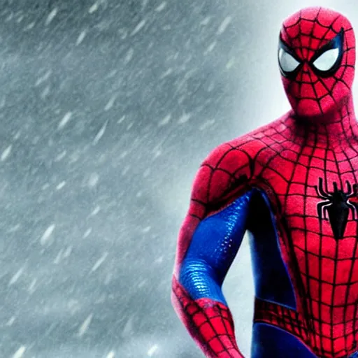 Image similar to bruce willis as unmask spiderman, rain background, an film still