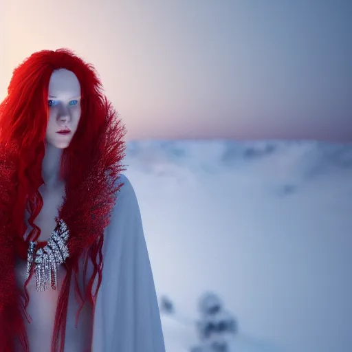 Prompt: winter night, snow, beautiful red haired pale goddess of ice wearing bikini top and long cloak, diamond necklace, long hair, symmetric face, single face, full body, photography, octane render, cinematic, 3 0 mm, 8 k