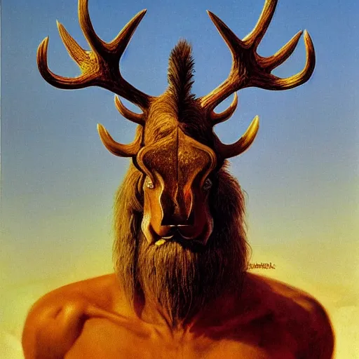 Prompt: hairy barbarian with moose head by bruce pennington and zdzisław beksinski