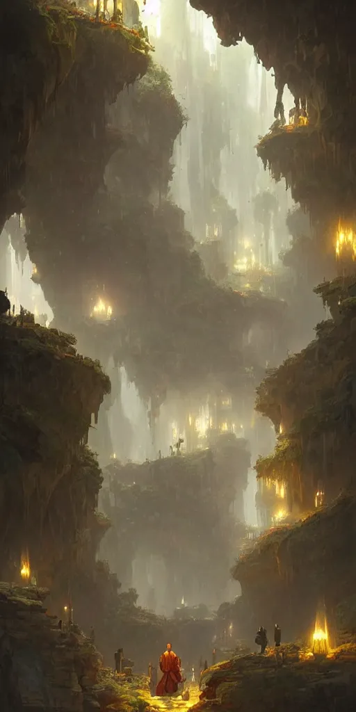 Prompt: detailed interior of natural caves, light shafts, lanterns, monks, stunning atmosphere, by greg rutkowski, style of peter mohrbacher,