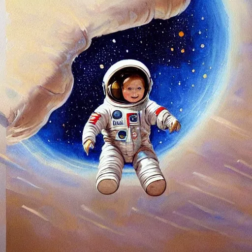 Image similar to a cute little girl with a round cherubic face, blue eyes, and short wavy light brown hair smiles as she floats in space with stars all around her. she is an astronaut, wearing a space suit. beautiful painting with highly detailed face by greg rutkowski and quentin blake