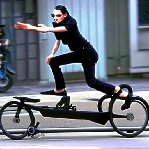 Prompt: neo from the matrix jumping the worlds smallest bicycle over a bus