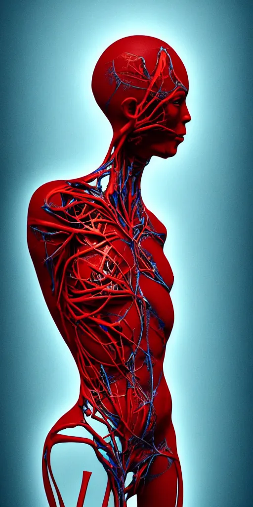 Image similar to poster design, full body anatomical model, 3 d photographic render of a deconstructed asymmetric human anatomical correct human body, in hoc signo vinces, waterfall, in the style of leonora carrington, gottfried helnwein, intricate composition, blue light by caravaggio, insanely quality, highly detailed, masterpiece, red light, artstation