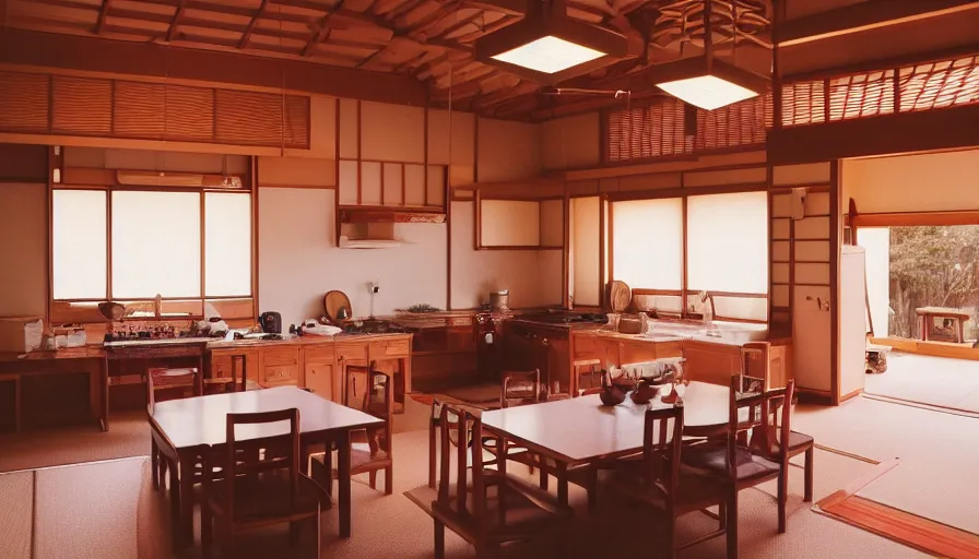 Image similar to 1 9 9 0 s candid 3 5 mm photo of a beautiful day in the family kitchen, cinematic lighting, a japanese pagoda temple bursts through the floor, a pagoda is in the living room, cinematic look, golden hour, uhd