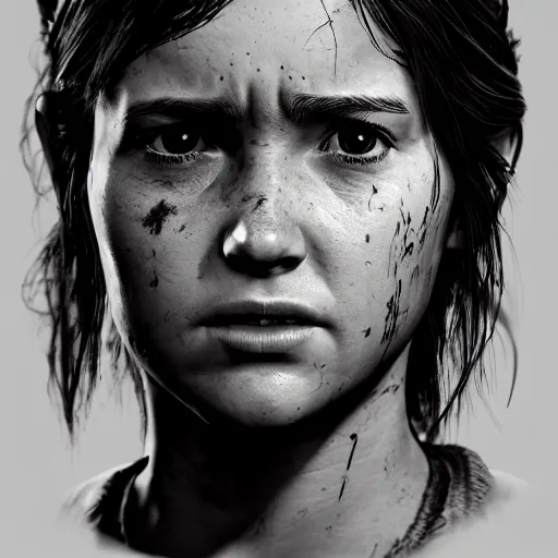 Prompt: highly detailed facial portrait of ellie from the last of us part 2, angry, micro expressions, highly detailed, trending on artstation, cinematic lightning