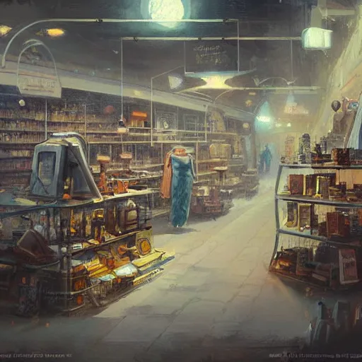 Image similar to concept art of a store that sells everything in the universe, by greg rutkowski