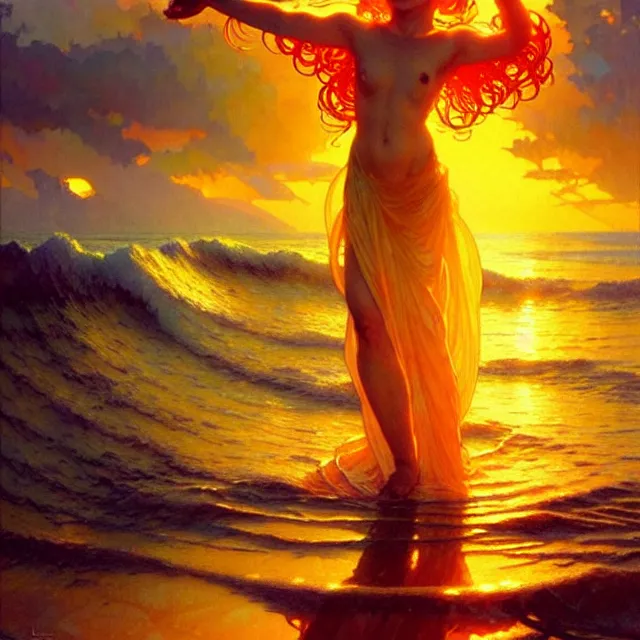 Prompt: sea of glossy liquid honey drops flowing like translucent amber, lsd waves, backlit, sunset, refracted lighting, art by collier, albert aublet, krenz cushart, artem demura, alphonse mucha