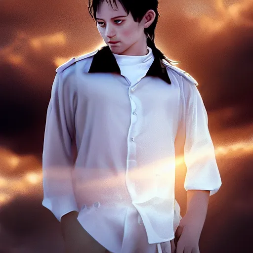 Image similar to a portrait of a young handsome prince, white fringy hair, white shirt, black tunic, smooth, epic clouds, beautiful landscape, backlit, incredible lighting, strong rim light, highly detailed, god rays, digital painting, HDRI, by Heise Jinyao, Heise-Lian Yan Fang, Feimo, Richard Taddei, vivid colors, high contrast, 8k resolution, intricate, photorealistic