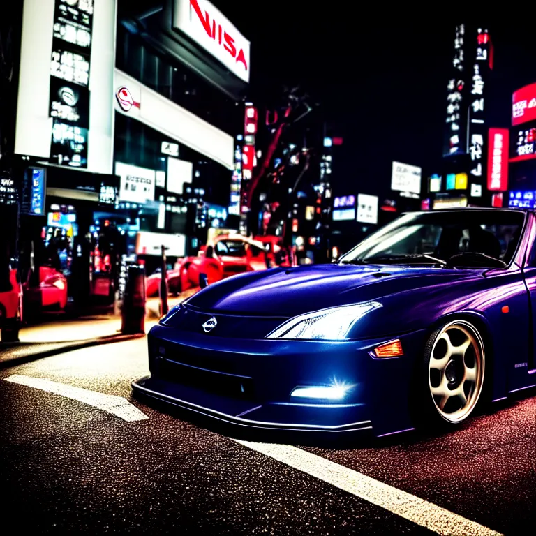 Image similar to close-up-photo Nissan 2000GTS turbo illegal roadside night meet, work-wheels, Shibuya Shibuya, cinematic colors, photorealistic, highly detailed, night photography