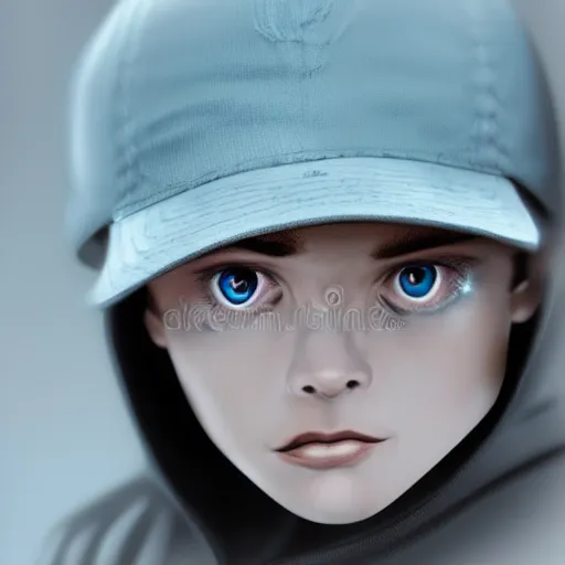 Image similar to a detailed portrait of a boy with light blue eyes wearing a black cap, realistic and detailed eyes, art illustration, incredibly highly detailed and realistic, 8 k, sharp focus