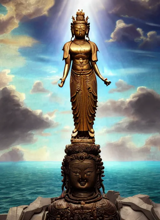 Image similar to guanyin stand on big loutus, a godness of the southern seas, a realistic setting with muted colors, visual novel cover, by yoshitaka amano, zeng fanzhi, jane hamilton, tiffany studios, sunrays shine uponit, frostbite 3 engine, cryengine, dof, trending on artstation, digital art, fantasy detailed background