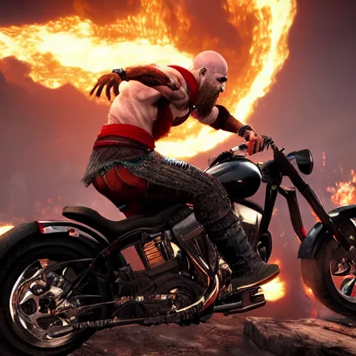 Image similar to kratos jumping a black harley - davidson motorcycle off a cliff, cinematic render, playstation studios official media, god of war 2 0 1 8, flames, centered profile