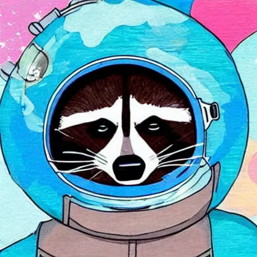 Prompt: raccoon floating in space wearing a space helmet, photographic