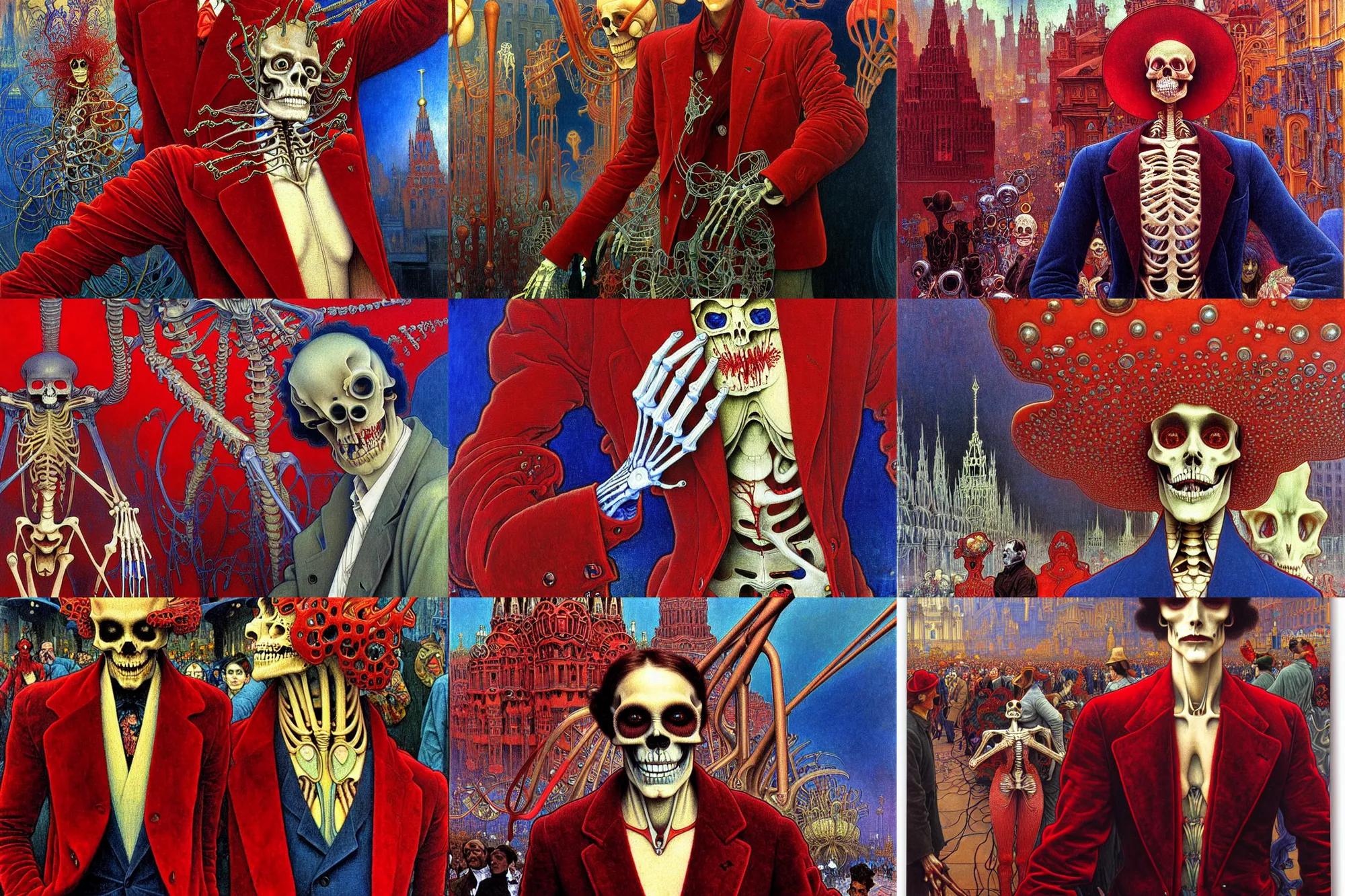 Image similar to realistic detailed closeup portrait painting of a single skeleton wearing red velvet blazer in a crowded futuristic moscow street by Jean Delville, Amano, Yves Tanguy, Alphonse Mucha, Ernst Haeckel, Edward Robert Hughes, Roger Dean, rich moody colours, blue eyes