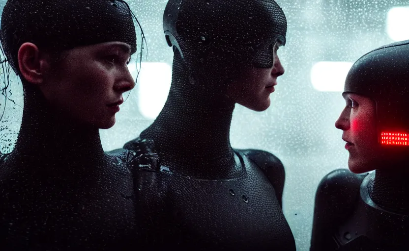 Image similar to cinestill 5 0 d candid photographic portrait by christopher nolan of two loving female androids wearing rugged black mesh techwear in treacherous waters, extreme closeup, modern cyberpunk moody emotional cinematic, pouring rain menacing red spotlight, 8 k, hd, high resolution, 3 5 mm, f / 3 2, ultra realistic faces, ex machina