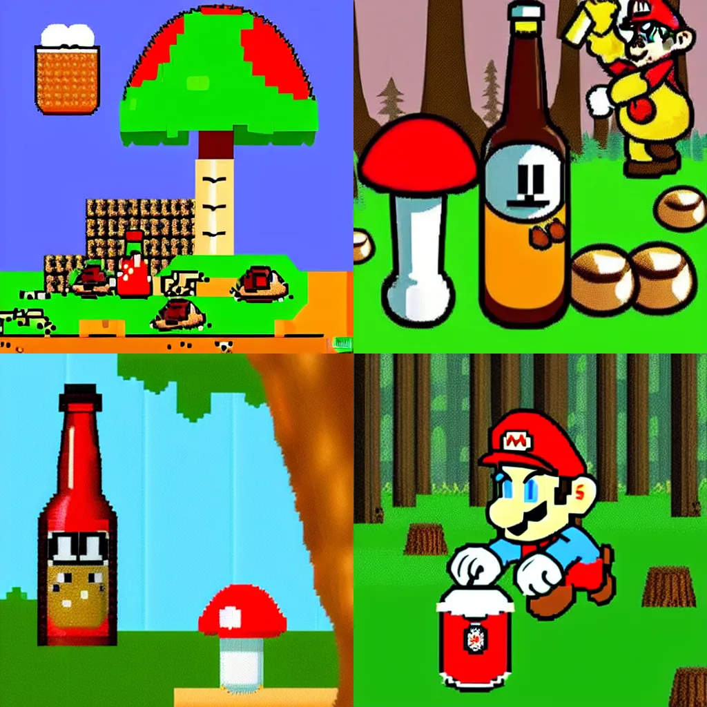 Prompt: beer in bottle, drunk mario drinks beer in forest with mushrooms and big fly agaric, 8 bit