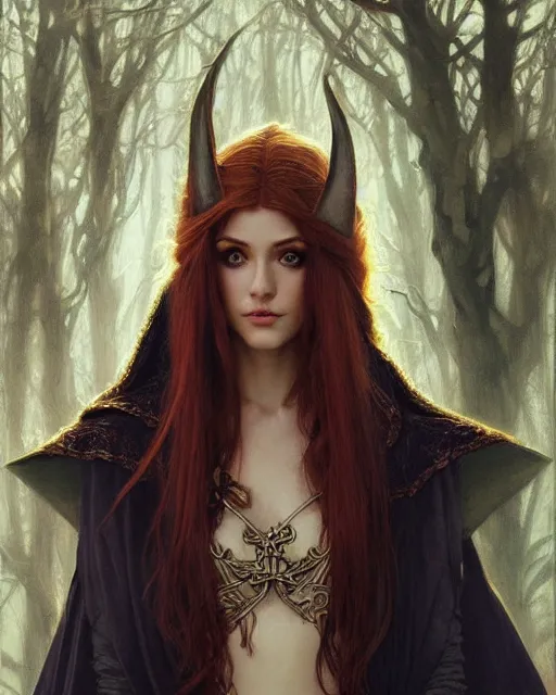 Image similar to portrait of katherine mcnamara elven mage, dark, piercing eyes, gentle expression, elegant clothing, photorealistic, highly detailed, artstation, smooth, sharp focus, art by michael whelan, artgerm, greg rutkowski and alphonse mucha