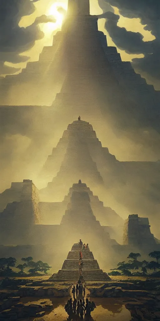 Image similar to symmetry!! people worshipping the mayan gods, surreal landscape, golden hour, very detailed, perfect composition, perfect lighting, 4 k, trending on artstation, greg rutkowski, derek zabrocki, artgerm, chuck close, ruan jia