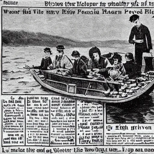 Prompt: Harry Potter eating a plate of nachos in a boat on a river, Early 1900s newspaper, Hyper realistic