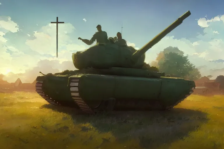 Image similar to a tank mixed with a church, scene in an open field. key visual, conceptart, ambient lighting, highly detailed, digital painting, artstation, concept art, sharp focus, by makoto shinkai and akihiko yoshida and greg manchess