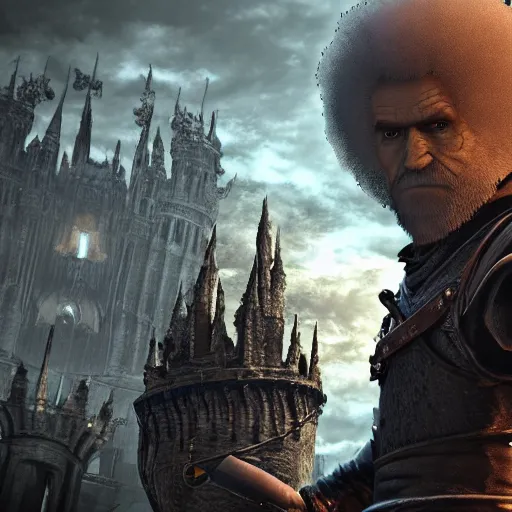 Image similar to bob ross in darksouls universe in anor londo, studio lights, 8 k hd.