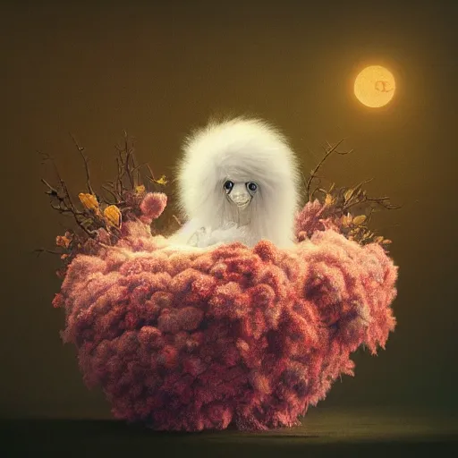 Prompt: long shot of a very fluffy furry alien chick nesting in a floral cup, esao andrews, by m. w. kaluta, humorous illustration, hyperrealistic, tilt shift, warm colors, night scenery, low light, 3 d octane render, 4 k, volumetric lights, smooth, cosy atmosphere, conceptart, hyperdetailed, trending on deviantart