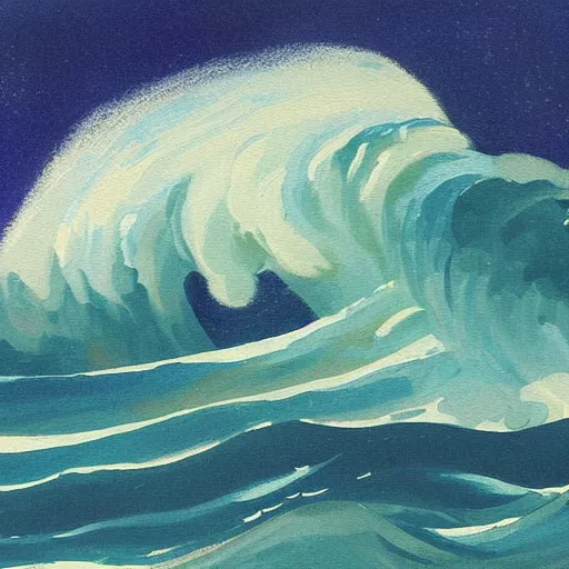 Prompt: painting wave tsunami small boat background cosmic night sky in the style of Winslow Homer