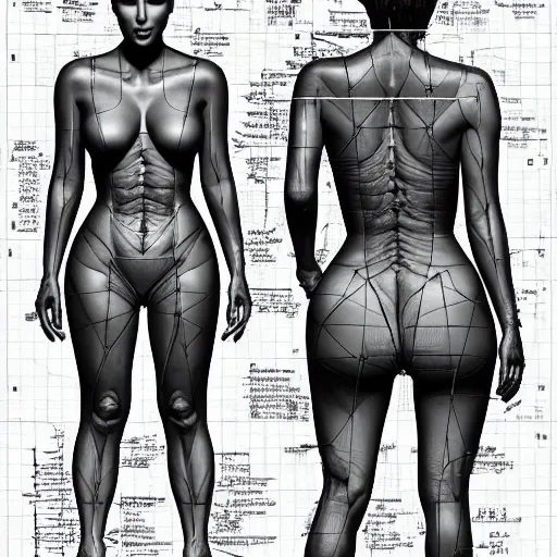 Image similar to full page anatomy scan of kim kardashian detailed, body section, blueprint, mathematics and geometry, post apocalyptic, desaturated, 8K matte, good lighting,