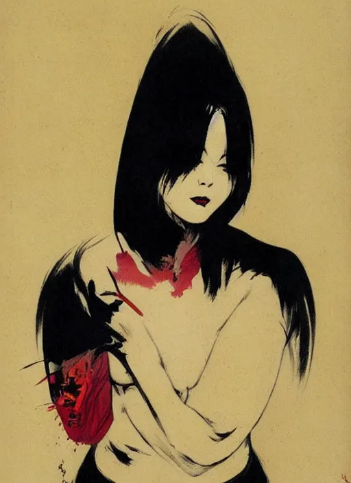 Image similar to portrait of bald korean vampiress, strong line, saturated color, beautiful! coherent! by frank frazetta, high contrast, minimalism