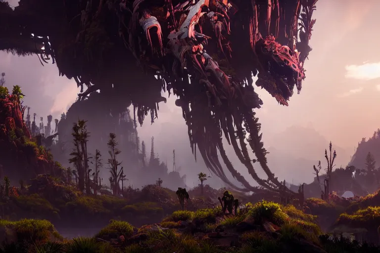 Image similar to wide epic shot from horizon forbidden west. a hyper detailed organic mechanic creatuve realistic similar look as horizon forbidden west horizon zero dawn, bioluminiscence in a dark deep forest at dawn in spring, with reflection and textures, by kilian eng, substance painter reaslitic mech surface metal painted scratches, world env from horizon forbidden west horizon zero dawn