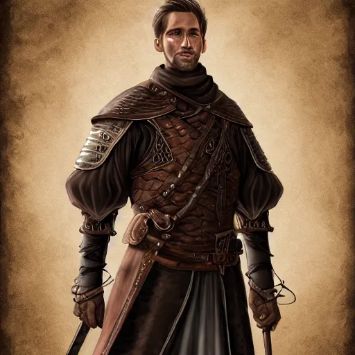 Prompt: realistic portrait, 30 year old man :: athletic, fantasy mage, medieval leather armour, brown clothes :: high detail, digital art, RPG, concept art, illustration