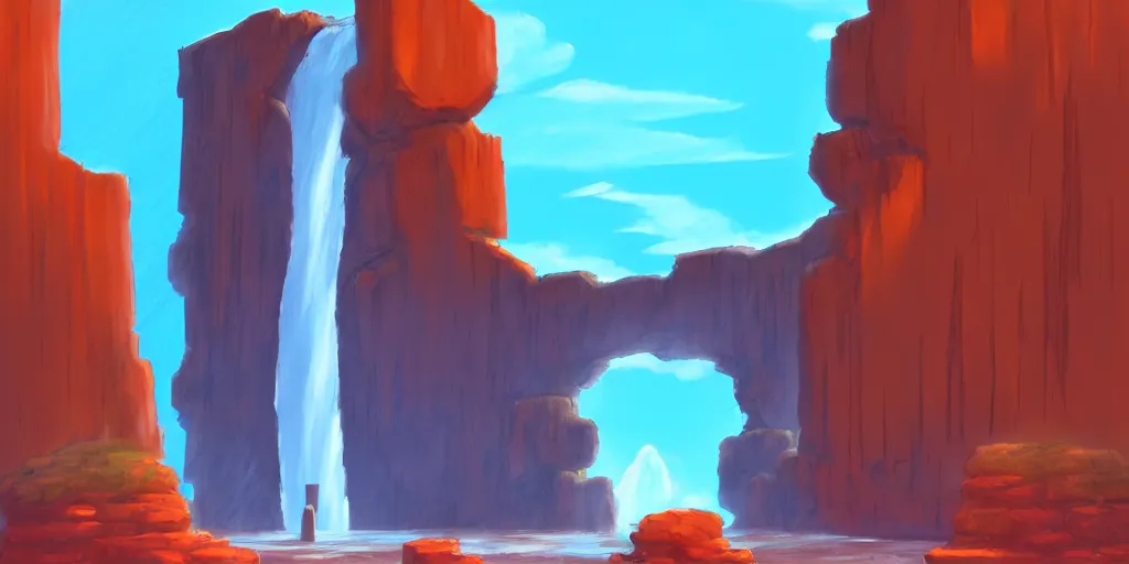 Image similar to a cell - shaded studio ghibli concept art study of a dimensional portal doorway with a waterfall flowing out it in a flooded monument valley stonehenge temple jungle. very dull colors, hd, 4 k, hq