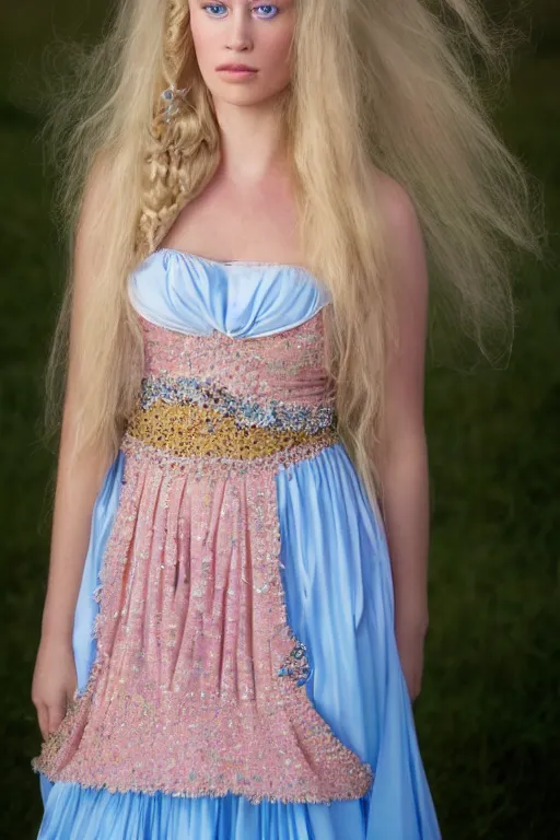 Image similar to a princess with long blonde hair and light blue eyes wearing a strapless elaborately beaded pink dress standing next to a brown canvas army tent, high resolution film still, 8k, HDR color, film by Simon Langton and David Frankel, triangular face, very light freckles, round narrow chin, straight jawline, natural lips, high cheekbones, beautiful gazing eyes