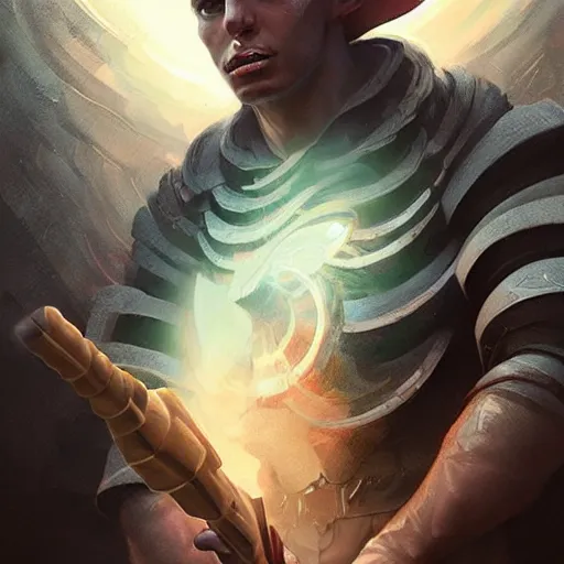 Prompt: A sorcerer wielding a futuristic weapon, digital illustration portrait, gorgeous lighting, wide angle action dynamic portrait, perspective shot, art by Sam Spratt-H 640