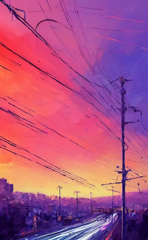 Image similar to a beautiful illustration of sofia bulgaria at sunset, art of alena aenami, featured on artstation, vertical orientation, paint brush strokes, expressionism, brushstroke - laden, breathtaking clouds, traffic lights, wet concrete, beauttiful stars, cables, long exposure, gigantic sun, airy theme, red purple gradient, lens flare