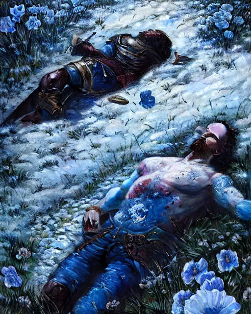 Prompt: Highly realistic oil painting of a wounded knight lying in the snow and surrounded by blue flowers, blood on flowers, by greg rutkowski, highly detailed, cinematic lighting, moody, dark